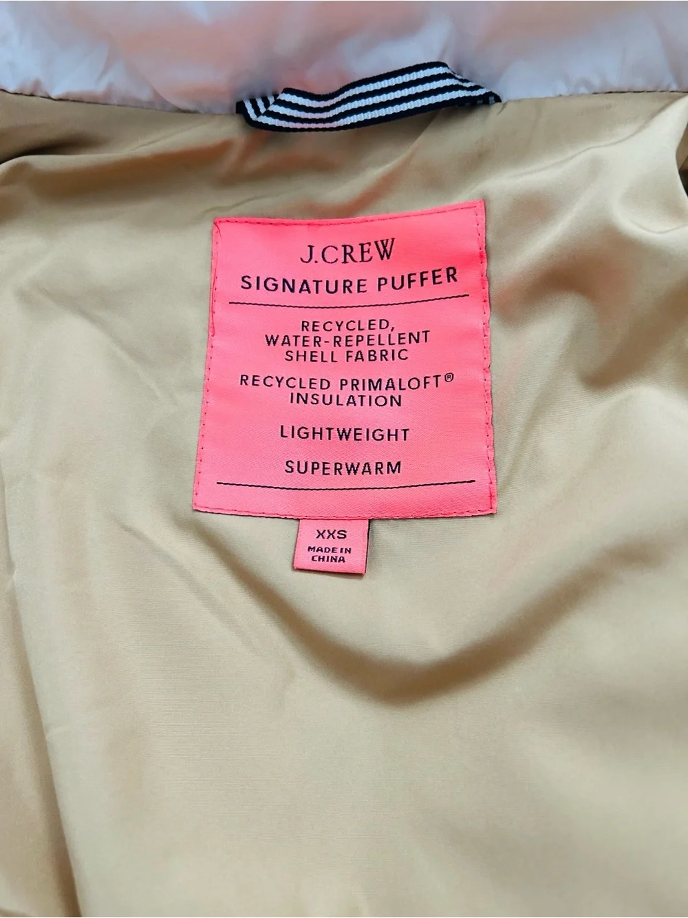 J. Crew Signature Puffer Vest in Tan with Pink Label